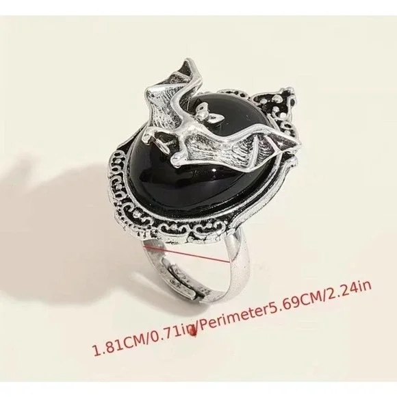Bat Ring Halloween Gothic Victorian‎ Cameo Faux Onyx Gemstone Open Finger - Picture 4 of 5